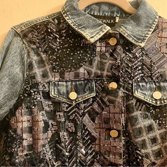 nwt 🆕 denim moto jacket with abstract plaid sequins - Picture 6 of 16